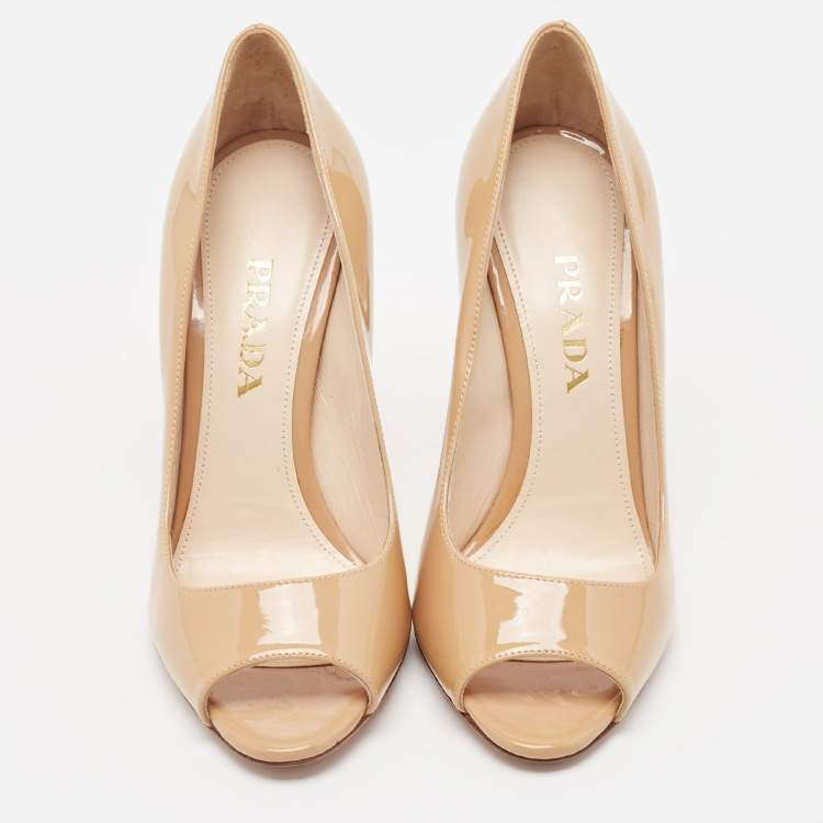 Pre Owned Prada Beige Patent Leather Peep Toe Pumps Size 36.5