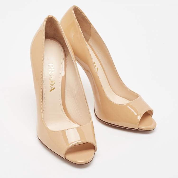 Pre Owned Prada Beige Patent Leather Peep Toe Pumps Size 36.5