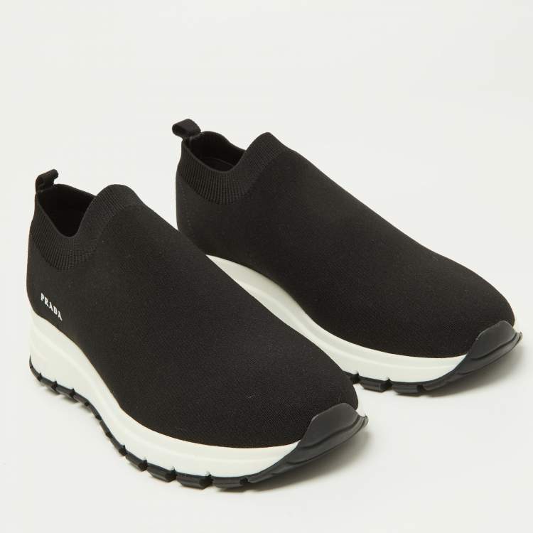 Pre Owned Prada Black Knit Fabric Slip On Sneakers Size 37.5