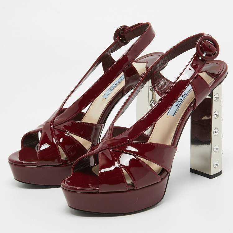 Pre Owned Prada Burgundy Patent Leather Strappy Platform Sandals Size 38