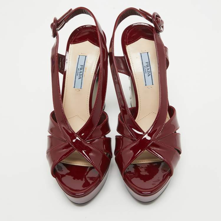 Pre Owned Prada Burgundy Patent Leather Strappy Platform Sandals Size 38