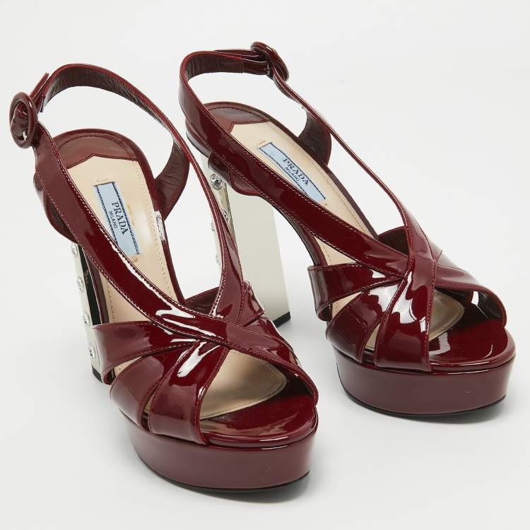 Pre Owned Prada Burgundy Patent Leather Strappy Platform Sandals Size 38