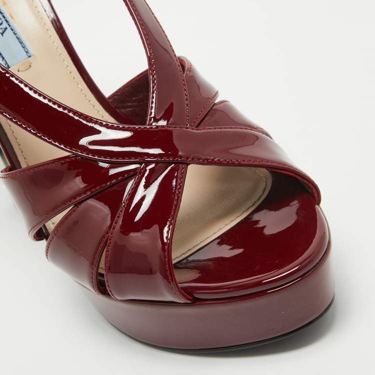 Pre Owned Prada Burgundy Patent Leather Strappy Platform Sandals Size 38