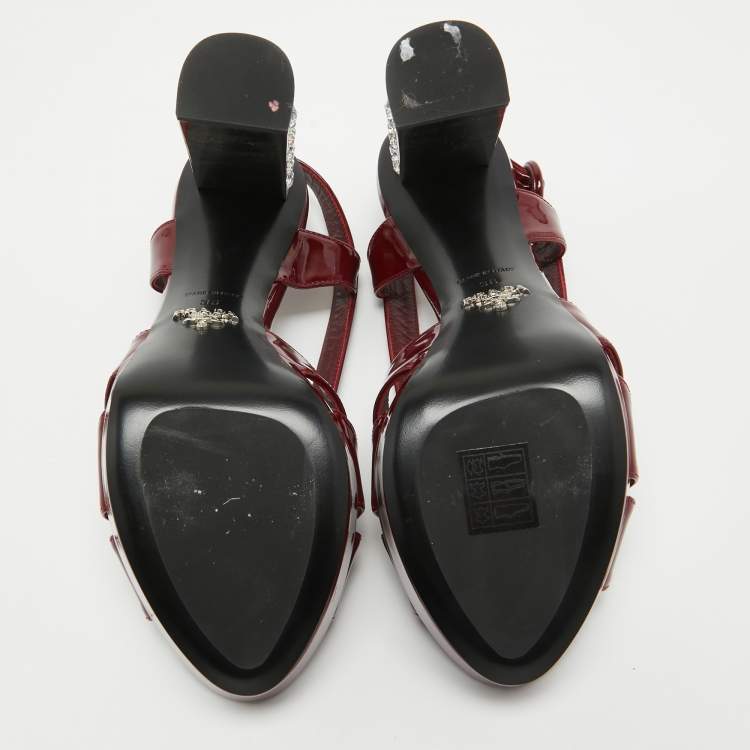 Pre Owned Prada Burgundy Patent Leather Strappy Platform Sandals Size 38