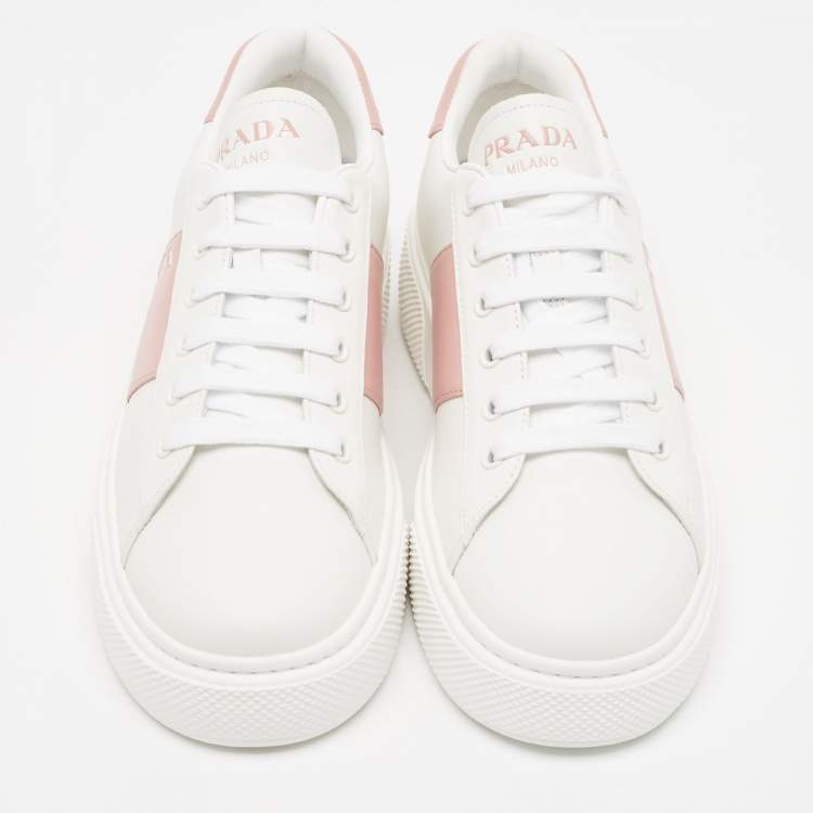 Pre Owned Prada White/Pink Leather Low Top Sneakers Size 39.5