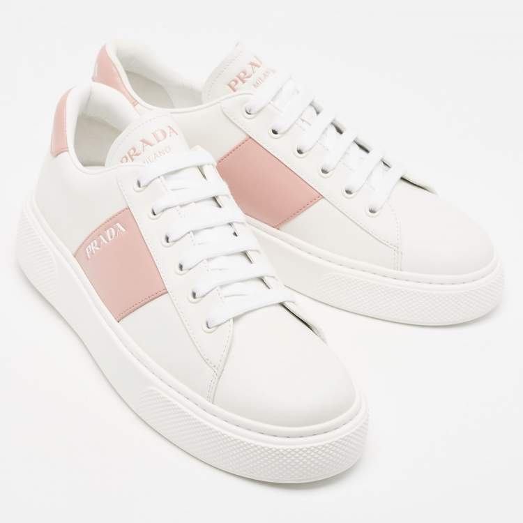 Pre Owned Prada White/Pink Leather Low Top Sneakers Size 39.5