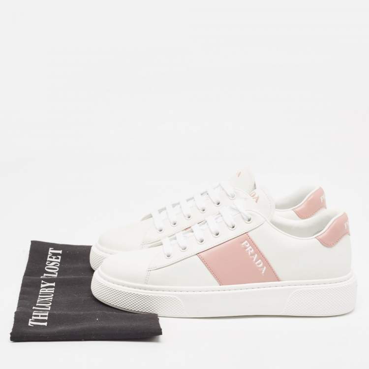 Pre Owned Prada White/Pink Leather Low Top Sneakers Size 39.5