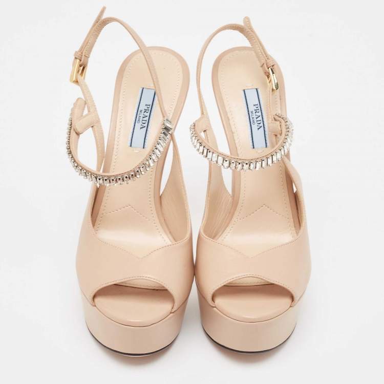 Pre Owned Prada Beige Leather Crystal Embellished Ankle Strap Sandals Size 36.5