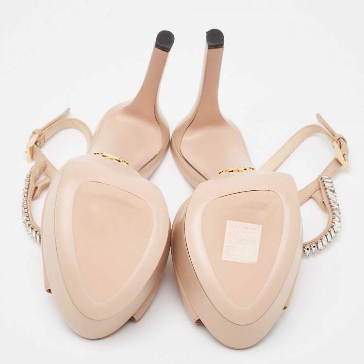 Pre Owned Prada Beige Leather Crystal Embellished Ankle Strap Sandals Size 36.5