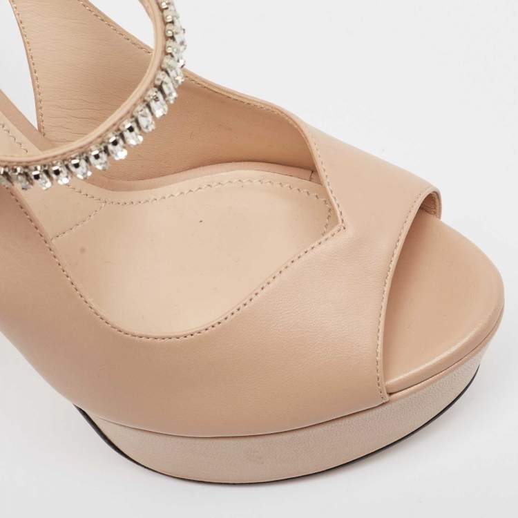 Pre Owned Prada Beige Leather Crystal Embellished Ankle Strap Sandals Size 36.5