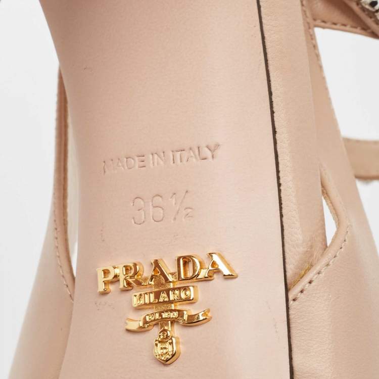 Pre Owned Prada Beige Leather Crystal Embellished Ankle Strap Sandals Size 36.5