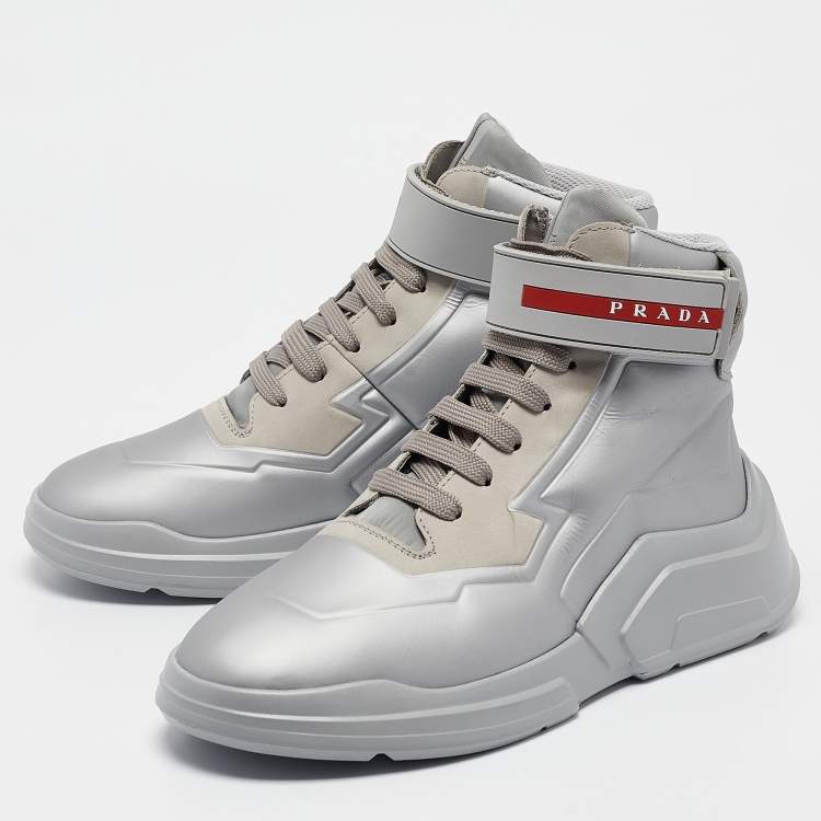 Prada Sport Silver Leather High Top Sneakers Size 36.5 Prada Sport TLC