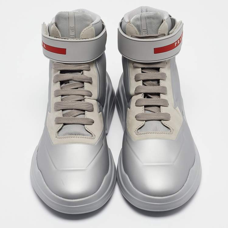 Pre Owned Prada Sport Silver Leather High Top Sneakers Size 36.5