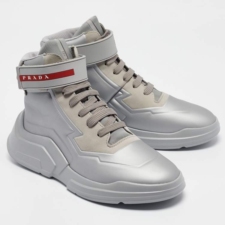 Pre Owned Prada Sport Silver Leather High Top Sneakers Size 36.5