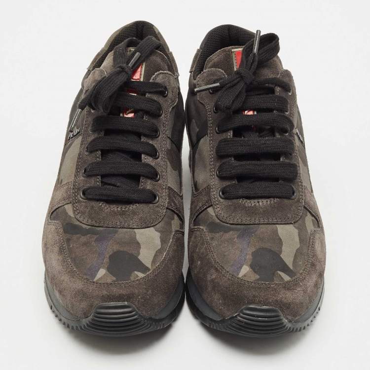Pre Owned Prada Sport Grey/Green Suede and Nylon Low Top Sneakers Size 38