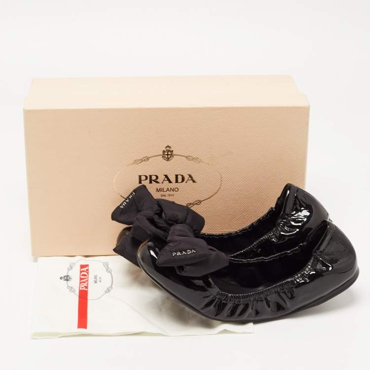 Pre Owned Prada Sport Black Patent Leather Bow Detail Scrunch Ballet Flat Size 39