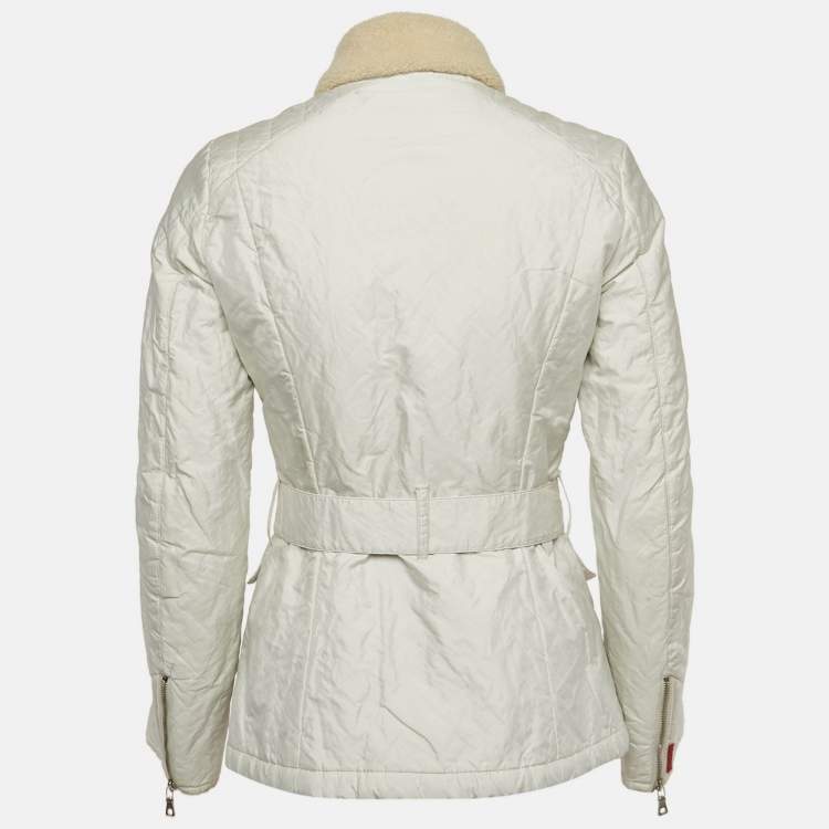 Pre Owned Prada White Nylon Blend Belt Detail Quilted Jacket S