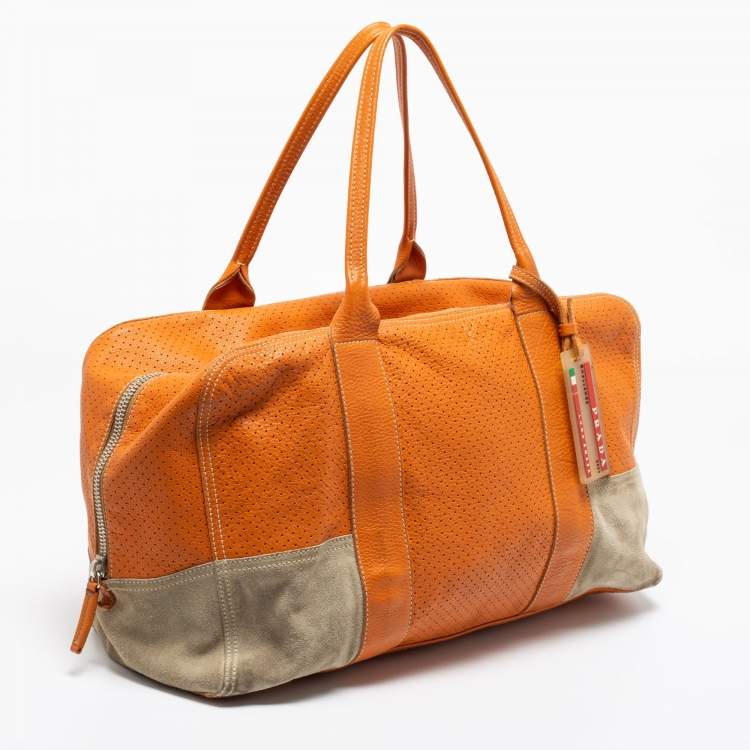 Pre Owned Prada Sport Orange Perforated Leather and Suede Large Duffle Bag