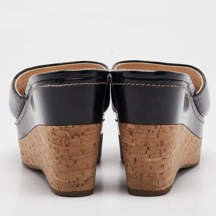Pre Owned Prada Sport Black Patent Leather Cork Platform Wedge Slide Sandals Size 41.5