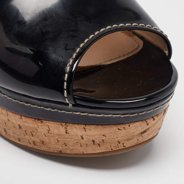 Pre Owned Prada Sport Black Patent Leather Cork Platform Wedge Slide Sandals Size 41.5