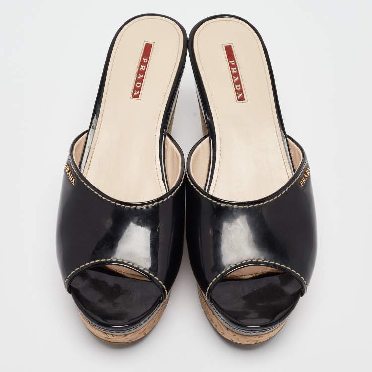 Pre Owned Prada Sport Black Patent Leather Cork Platform Wedge Slide Sandals Size 41.5