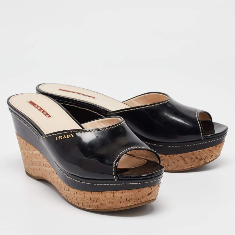 Pre Owned Prada Sport Black Patent Leather Cork Platform Wedge Slide Sandals Size 41.5