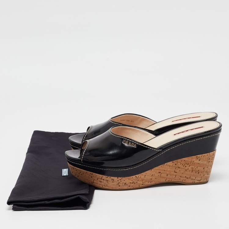 Pre Owned Prada Sport Black Patent Leather Cork Platform Wedge Slide Sandals Size 41.5