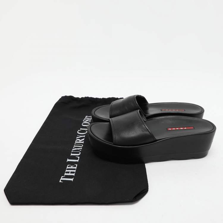 Pre Owned Prada Sport Black Leather Platform Slide Sandals Size 37
