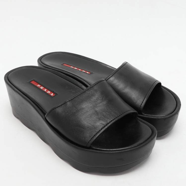 Pre Owned Prada Sport Black Leather Platform Slide Sandals Size 37
