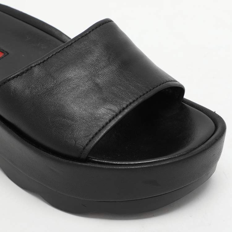 Pre Owned Prada Sport Black Leather Platform Slide Sandals Size 37