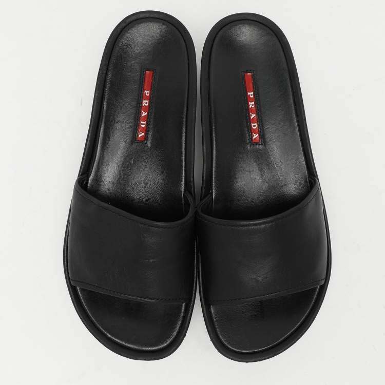 Pre Owned Prada Sport Black Leather Platform Slide Sandals Size 37