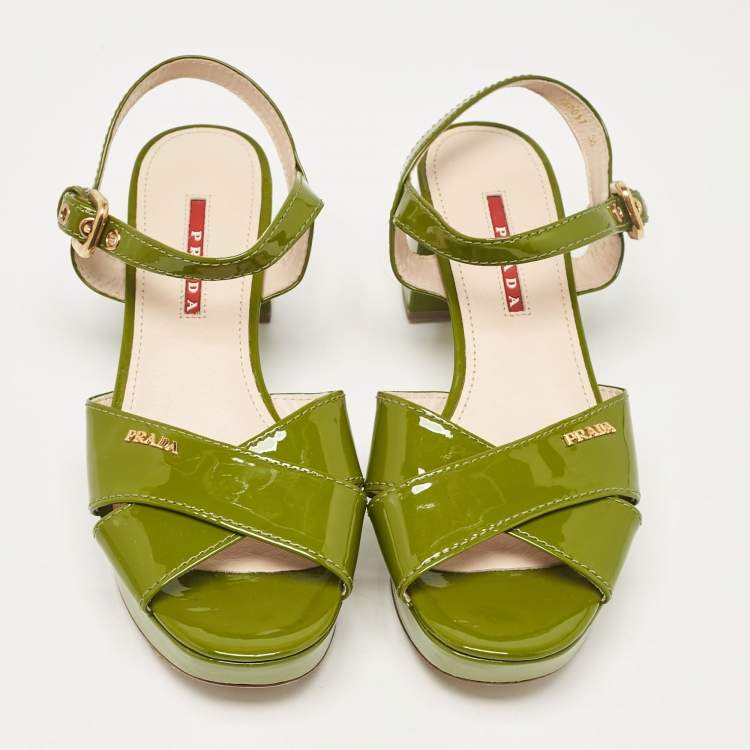 Pre Owned Prada Sport Green Patent Leather Platform Ankle Strap Sandals Size 36