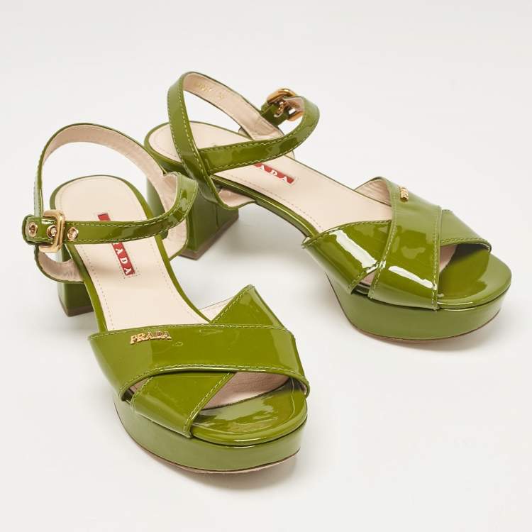 Pre Owned Prada Sport Green Patent Leather Platform Ankle Strap Sandals Size 36