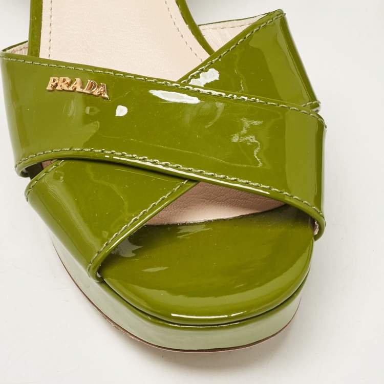 Pre Owned Prada Sport Green Patent Leather Platform Ankle Strap Sandals Size 36