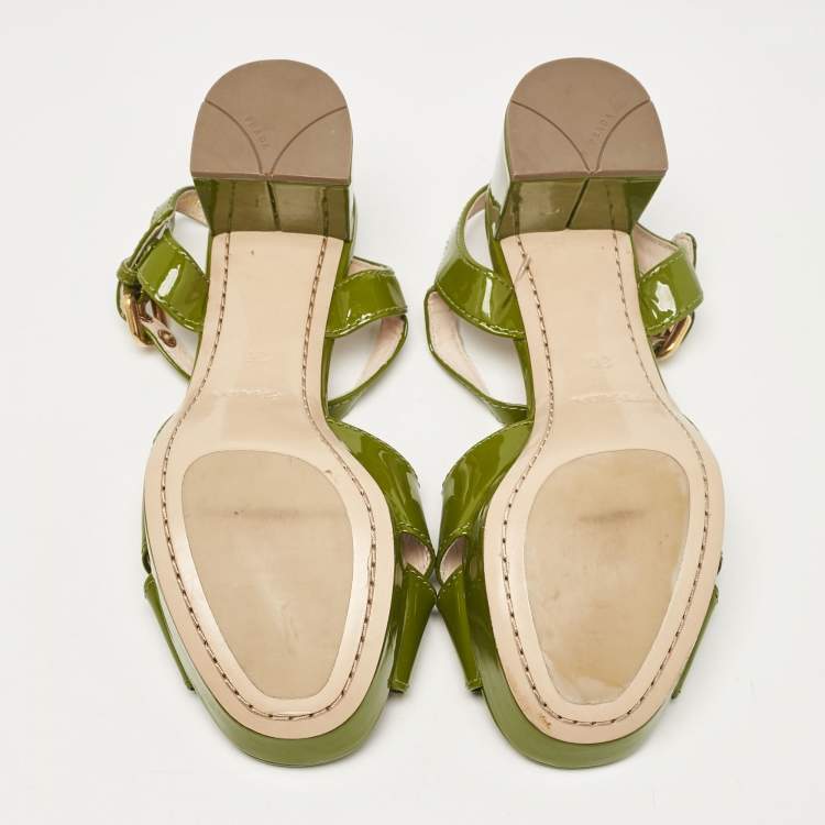 Pre Owned Prada Sport Green Patent Leather Platform Ankle Strap Sandals Size 36