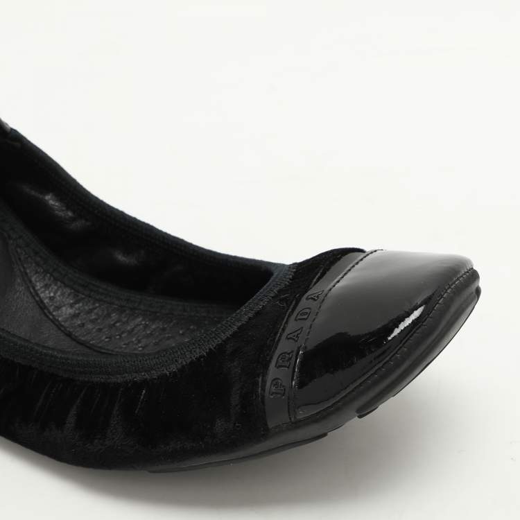 Pre Owned Prada Sport Black Velvet and Patent Leather Cap Toe Ballet Flats Size 36