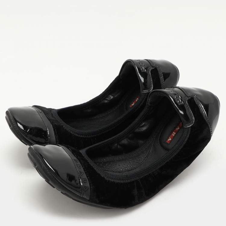 Pre Owned Prada Sport Black Velvet and Patent Leather Cap Toe Ballet Flats Size 36