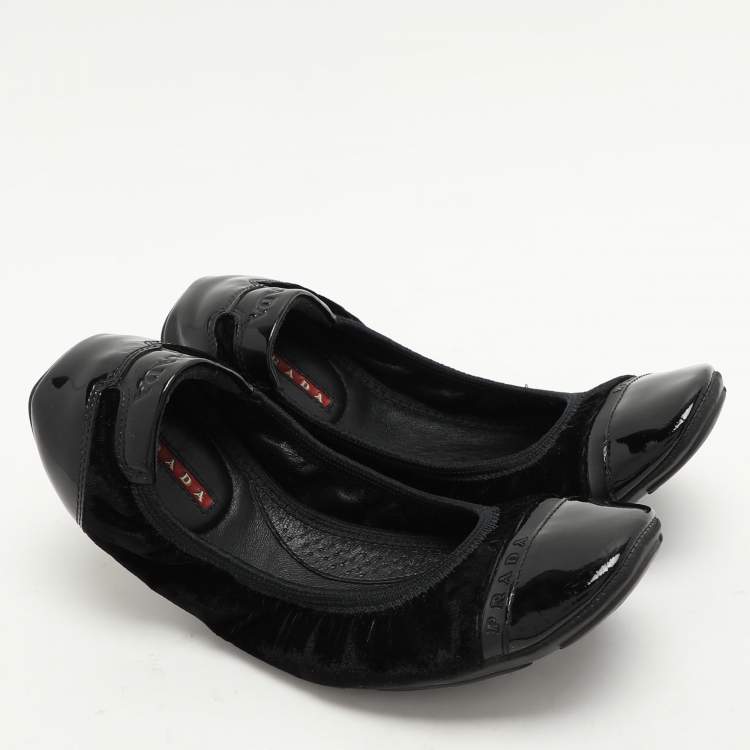 Pre Owned Prada Sport Black Velvet and Patent Leather Cap Toe Ballet Flats Size 36