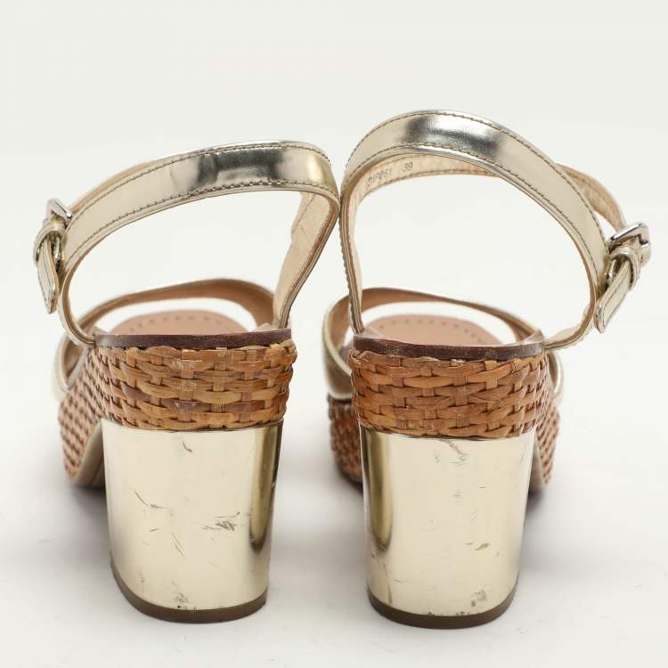 Pre Owned Prada Sport Gold Leather Platform Ankle Strap Sandals Size 39
