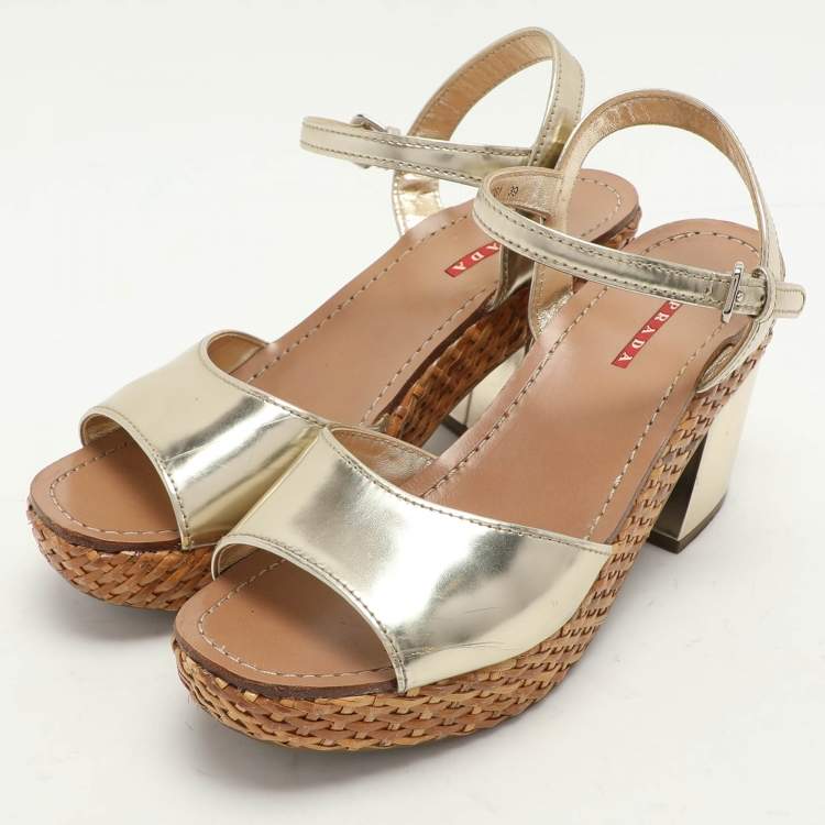 Pre Owned Prada Sport Gold Leather Platform Ankle Strap Sandals Size 39