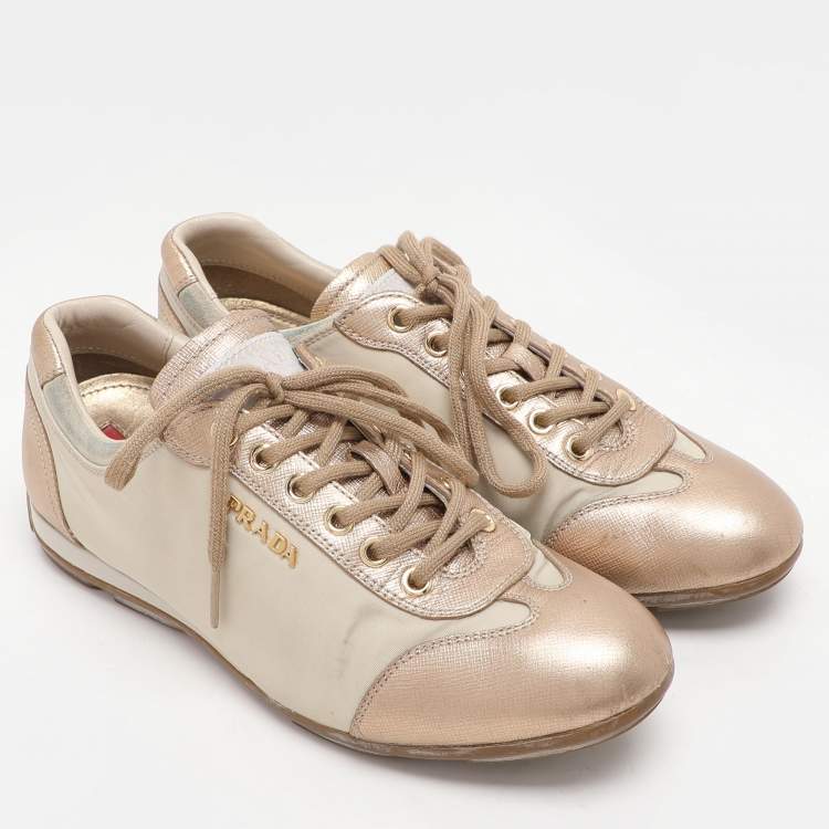 Pre Owned Prada Sport Beige/Gold Leather and Nylon Low Top Sneakers Size 36.5