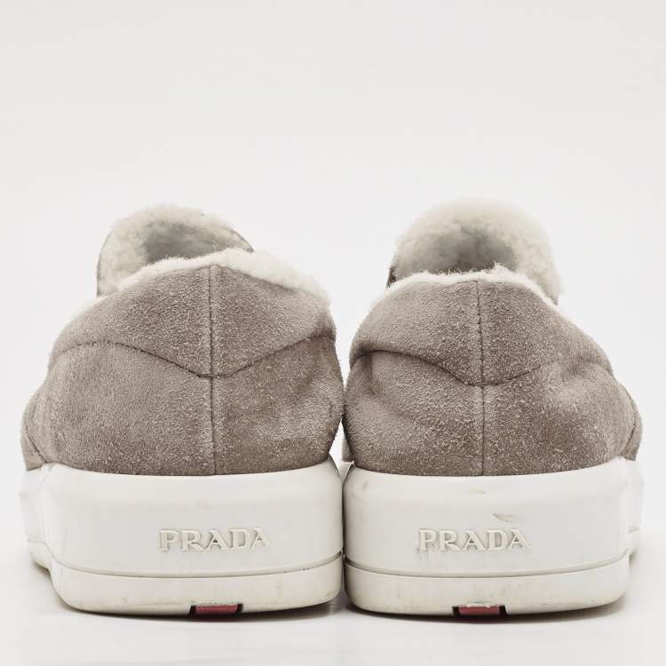 Pre Owned Prada Sport Grey Suede and Shearling Slip On Sneakers Size 38