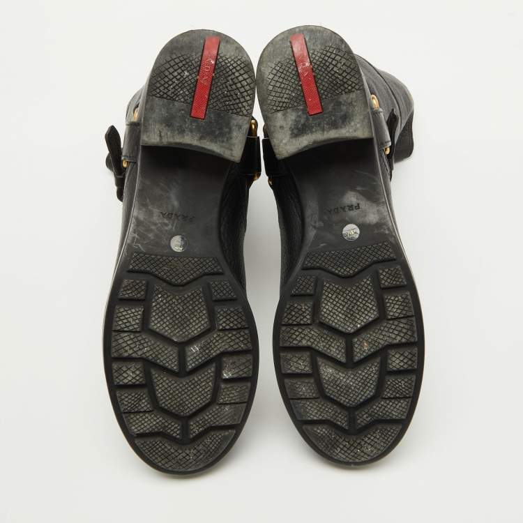 Pre Owned Prada Sport Black Leather Buckle Detail Mid Calf Length Boots Size 39