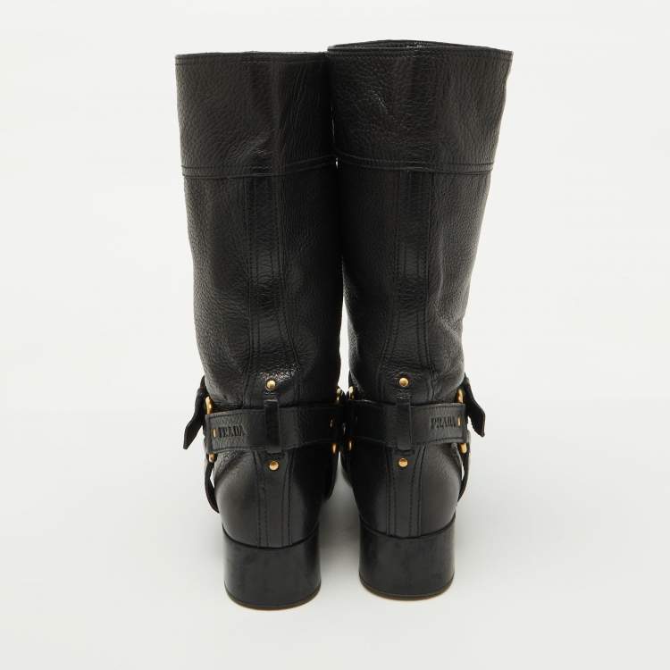 Pre Owned Prada Sport Black Leather Buckle Detail Mid Calf Length Boots Size 39