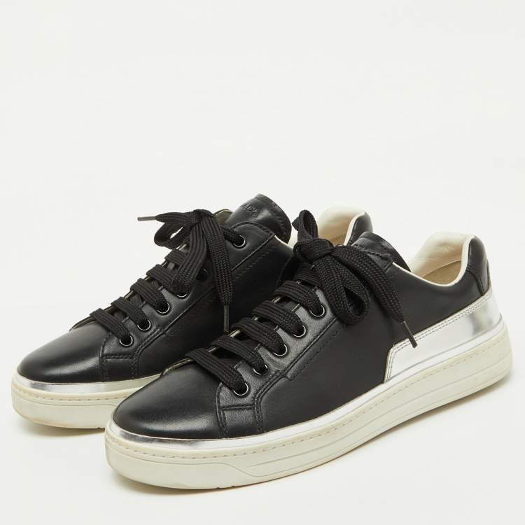 Pre Owned Prada Sport Black/Silver Leather Low Top Sneakers Size 38.5