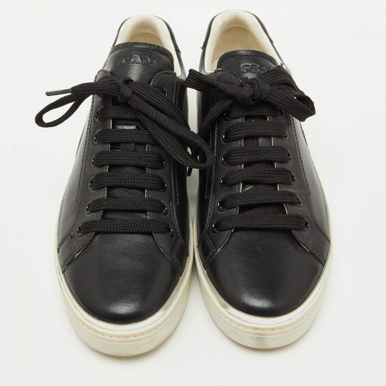 Pre Owned Prada Sport Black/Silver Leather Low Top Sneakers Size 38.5