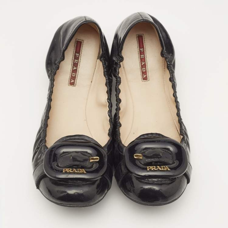 Pre Owned Prada Sport Black Patent Leather Scrunch Ballet Flats Size 38.5