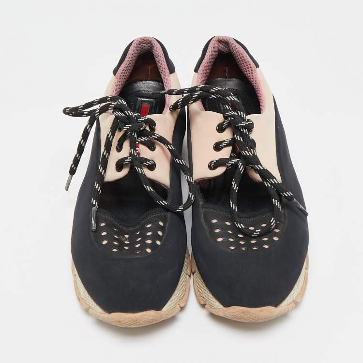 Pre Owned Prada Sport Black/Pink  Neoprene Cut Out Low Top Sneakers Size 39