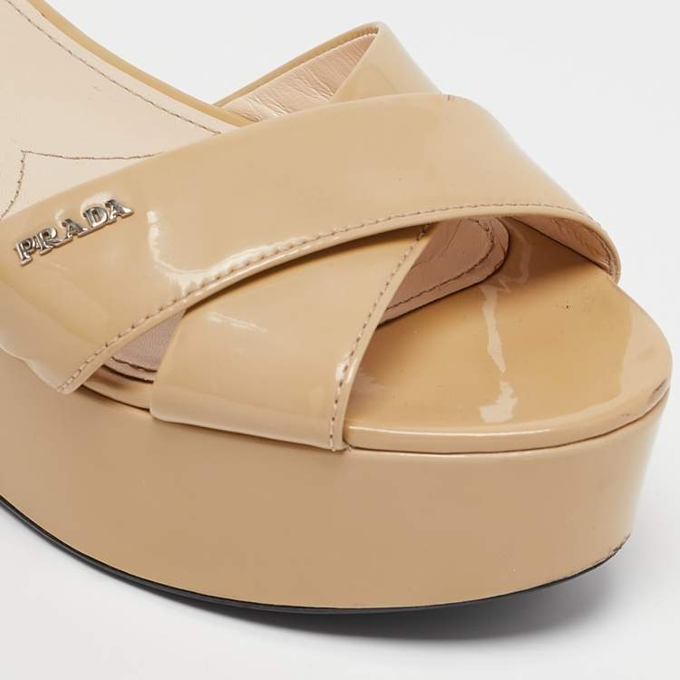 Pre Owned Prada Sport Beige Patent Leather Wedge Sandals Size 41