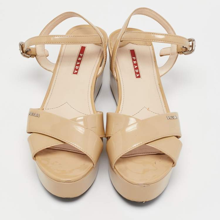 Pre Owned Prada Sport Beige Patent Leather Wedge Sandals Size 41